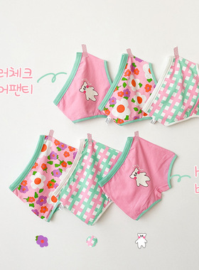 3条装 儿童内裤2022ins玫粉花朵格子小熊短裤纯棉女童宝宝平角裤