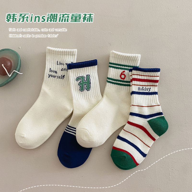 儿童袜2023春秋 4双装 ins男女童撞色条纹字母精梳棉学生中筒袜子,童装/婴儿装/亲子装,儿童袜子(0-16岁),淘宝优惠券,粉丝福利购,淘宝优惠卷