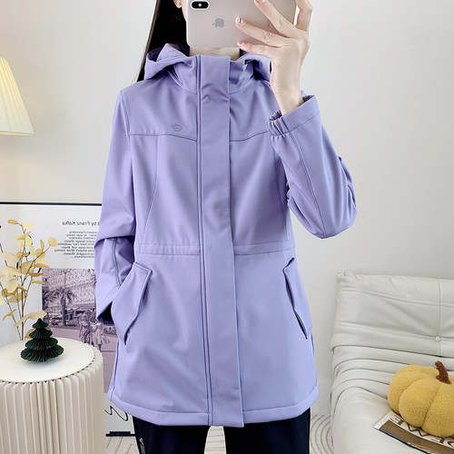中长款软壳冲锋衣女连帽复合一体绒户外防风保暖风衣旅行徒步外套