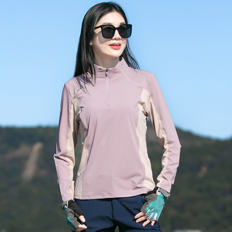 春秋户外速干衣女式立领吸湿排汗女透气弹力拼接长袖运动快干T恤
