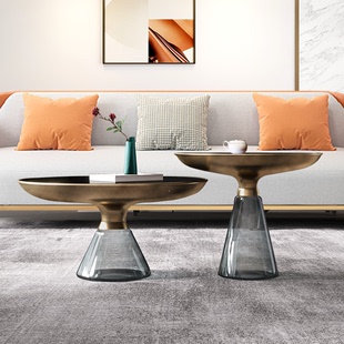 轻奢玻璃金属小户型茶几客厅圆形北欧样板创意组合沙发边几设计师