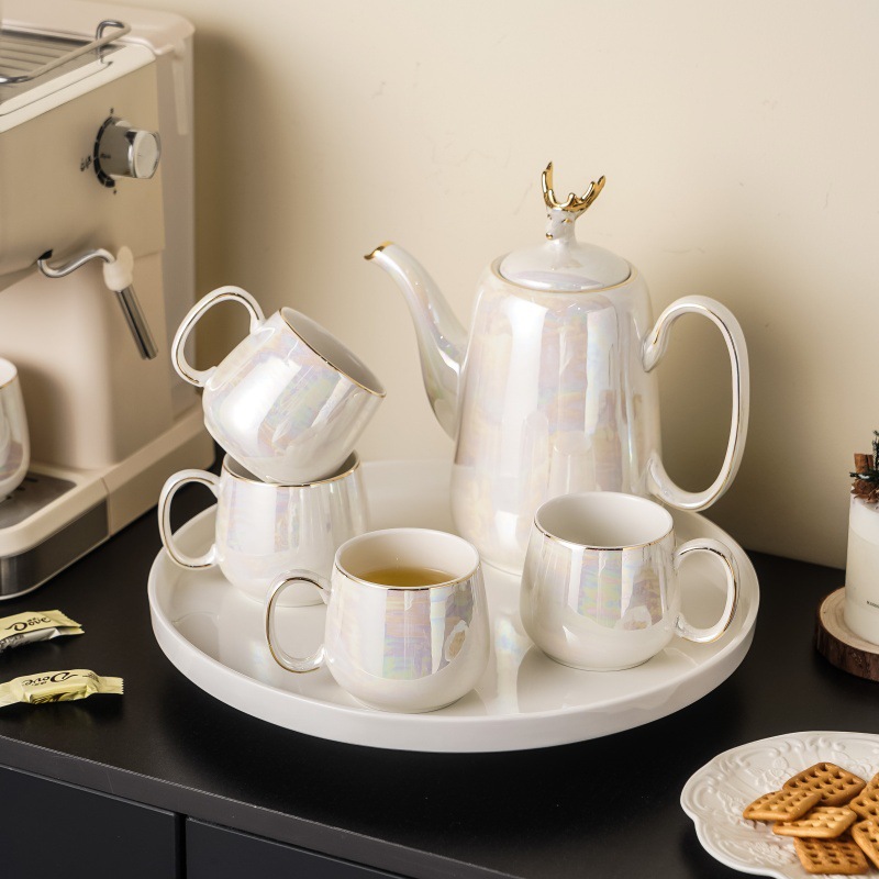 轻奢欧式珠光白水具组合色釉陶瓷茶具套装高颜值水壶水杯乔迁礼品