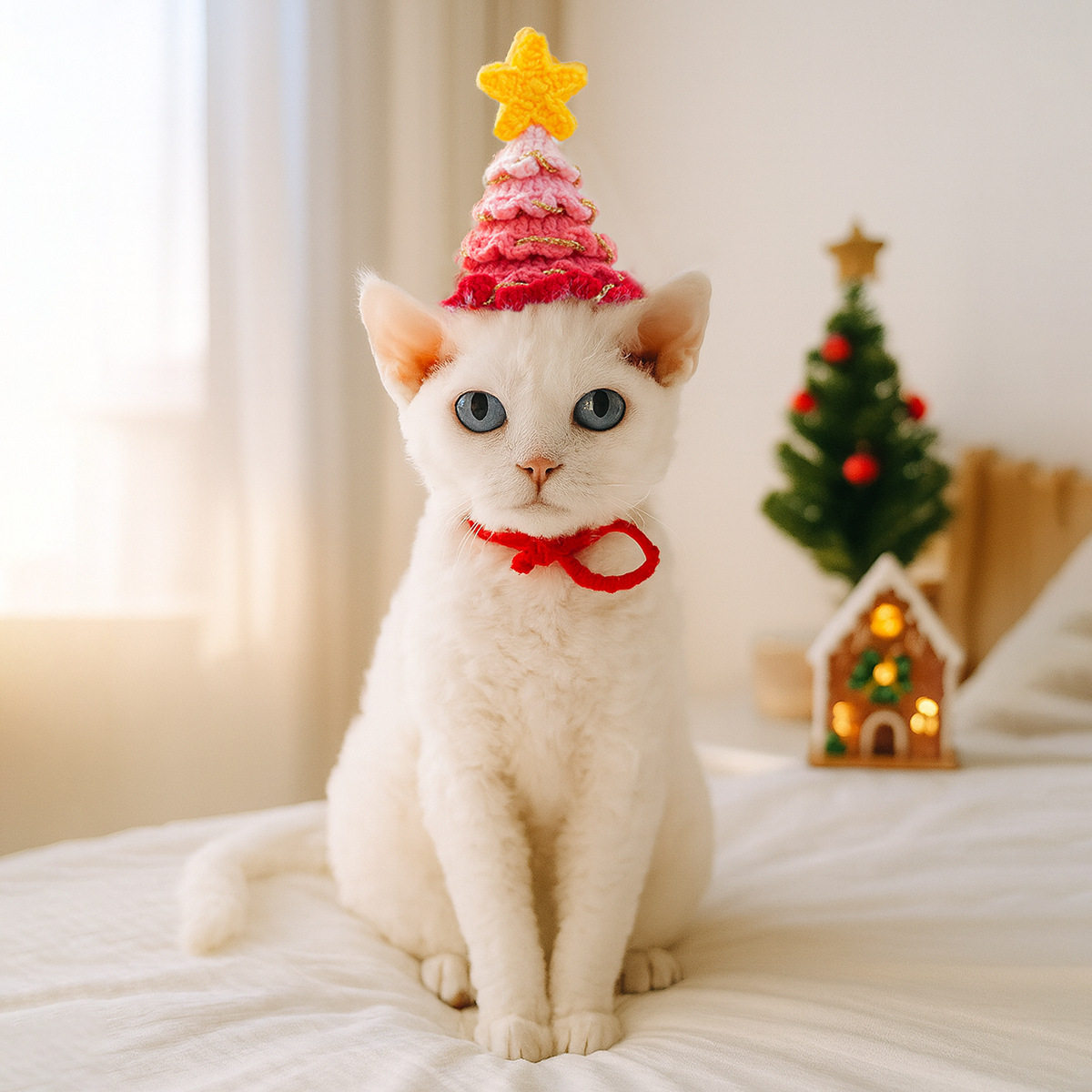 圣诞树渐变毛线宠物狗猫帽