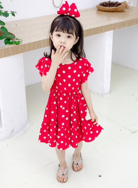 儿童红色连衣裙可爱女孩公主裙子夏棉绸韩版网红波点裙短袖沙滩裙