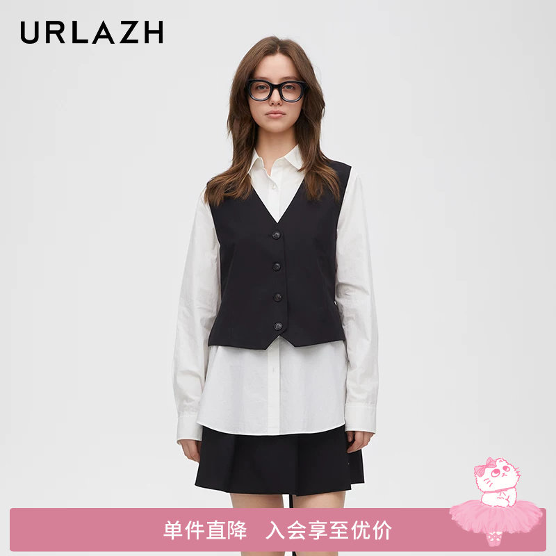 URLAZH有兰新款气质黑白撞色百搭假两件设计感纯棉长袖马甲衬衫女