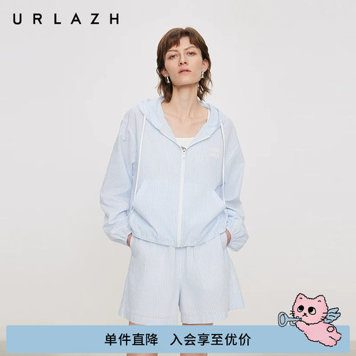 有兰蓝白条纹泡泡纱连帽短外套