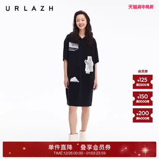 黑复古印花宽松休闲短袖 经典 连帽卫衣连衣裙女 新款 URLAZH有兰夏季