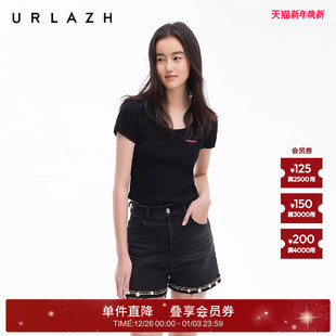 复古风经典 美式 黑简约修身 U型领短款 T恤女 URLAZH有兰夏季 短袖 新款