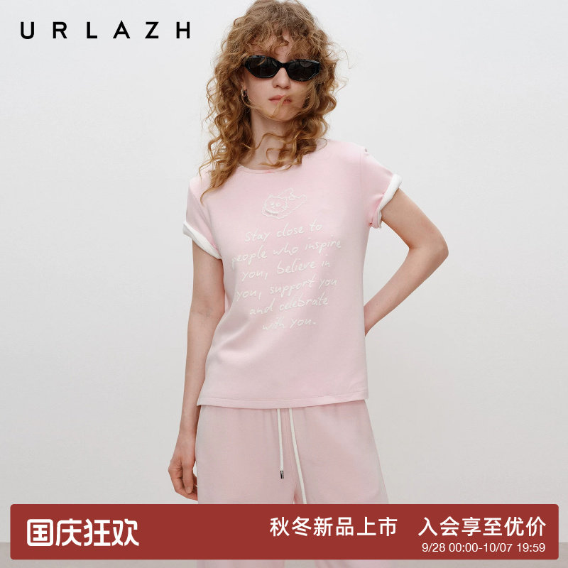 URLAZH有兰2026秋季新款糖果粉减龄短款休闲猫咪植绒印花短袖T恤