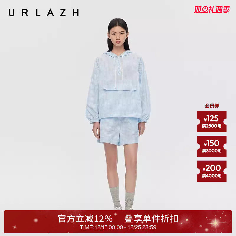 有兰奶油蓝格纹绣花A字短裤