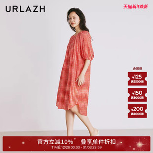 连衣裙女 复古红色格子纯棉宽松气质温柔短袖 URLAZH有兰夏季 新款