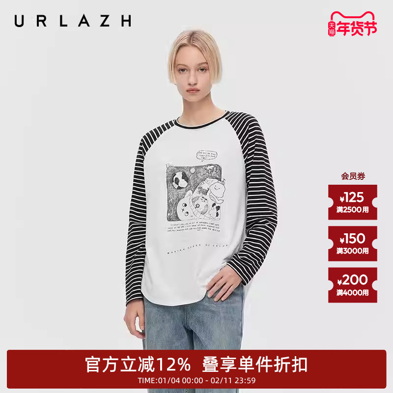 商场同款URLAZH有兰2025秋季新款圆领印花拼接插肩袖长袖T恤女,女装/女士精品,T恤,淘宝优惠券,粉丝福利购,淘宝优惠卷