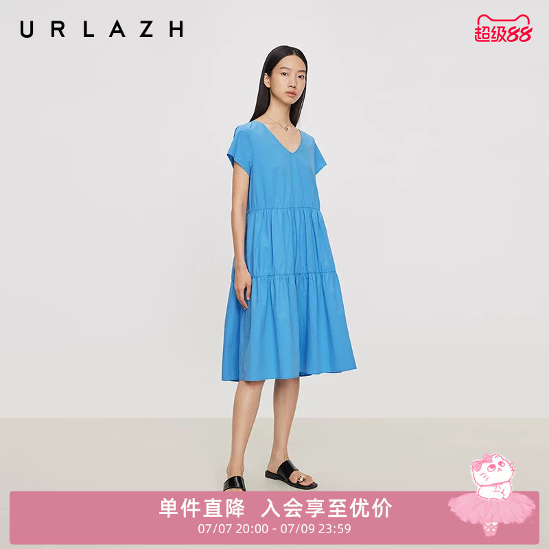 URLAZH有兰夏季新款度假风V领小飞袖A字海蓝纯棉短袖蛋糕连衣裙女