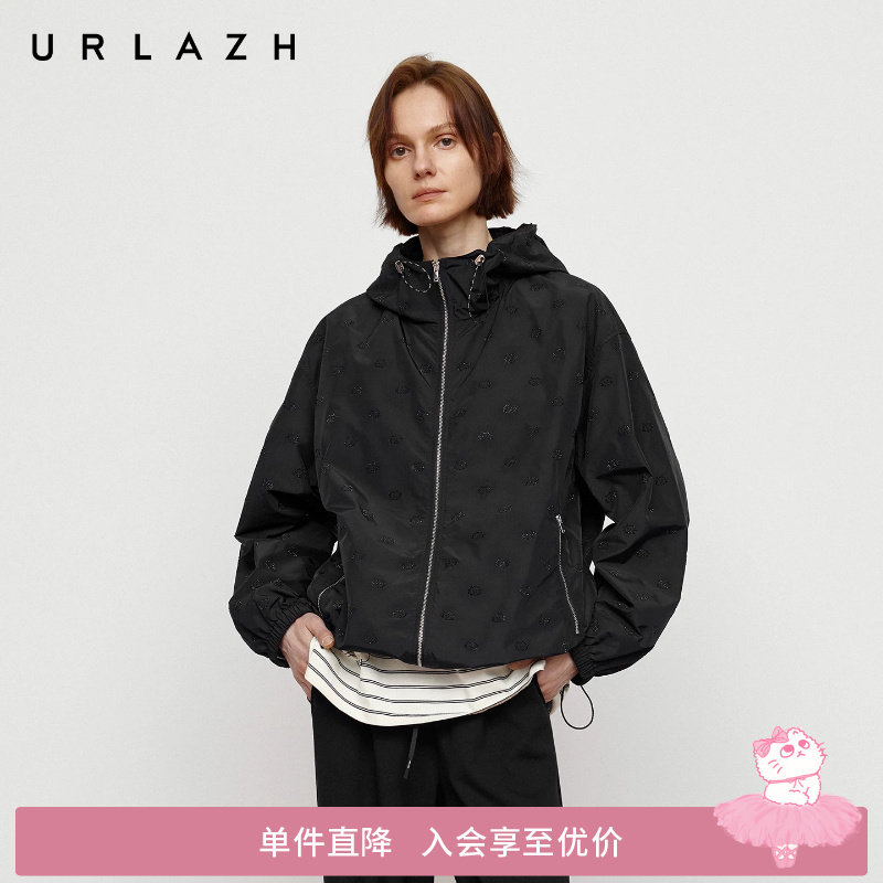 URLAZH有兰秋季新款松弛感经典黑猫咪亮钻休闲运动宽松连帽外套女