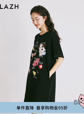 URLAZH有兰夏季新款复古洋气黑色涂鸦印花宽松休闲短袖连衣裙女