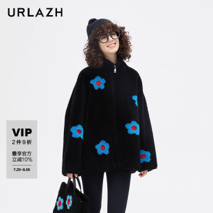 黑色甜酷时尚 URLAZH有兰新款 减龄羊毛毛绒大衣外套女
