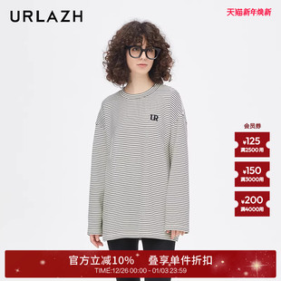 URLAZH有兰新款 T恤女 黑白条纹复古宽松圆领休闲长袖