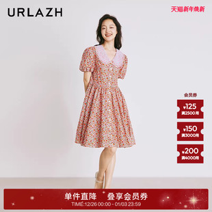 连衣裙女 复古红色纯棉气质温柔碎花田园风短袖 URLAZH有兰夏季 新款