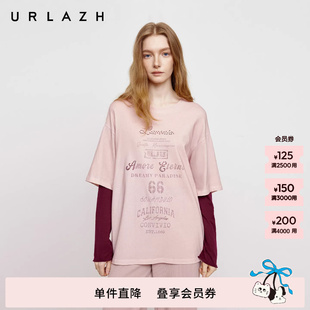 活力减龄假两件拼接复古印花圆领落肩长袖 T恤 新款 URLAZH有兰秋季