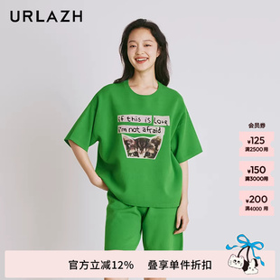 URLAZH有兰夏季 复古气质休闲宽松圆领短袖 针织套衫 女印花T恤 新款