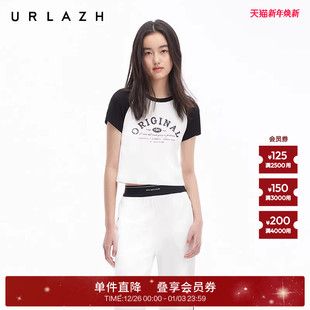 插肩袖 复古风圆领修身 短款 印花美式 T恤女 URLAZH有兰夏季 短袖 新款