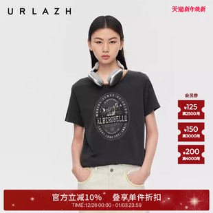 复古炭灰圆领印花烫钻短袖 新款 T恤女 URLAZH有兰2025秋季 商场同款