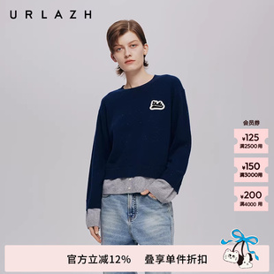 URLAZH有兰秋季 高智风圆领百搭假两件羊绒毛衣长袖 套衫 女上衣 新款