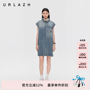 复古渐变水洗蓝翻领纯棉减龄无袖 牛仔连衣裙女 新款 URLAZH有兰春季