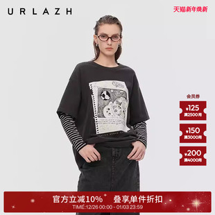 假两件印花拼接圆领长袖 新款 T恤女 URLAZH有兰2025秋季 商场同款