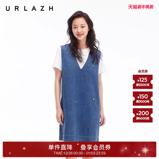 水果钻A字牛仔连衣裙两件套 复古蓝宽松V领无袖 URLAZH有兰夏季 新款