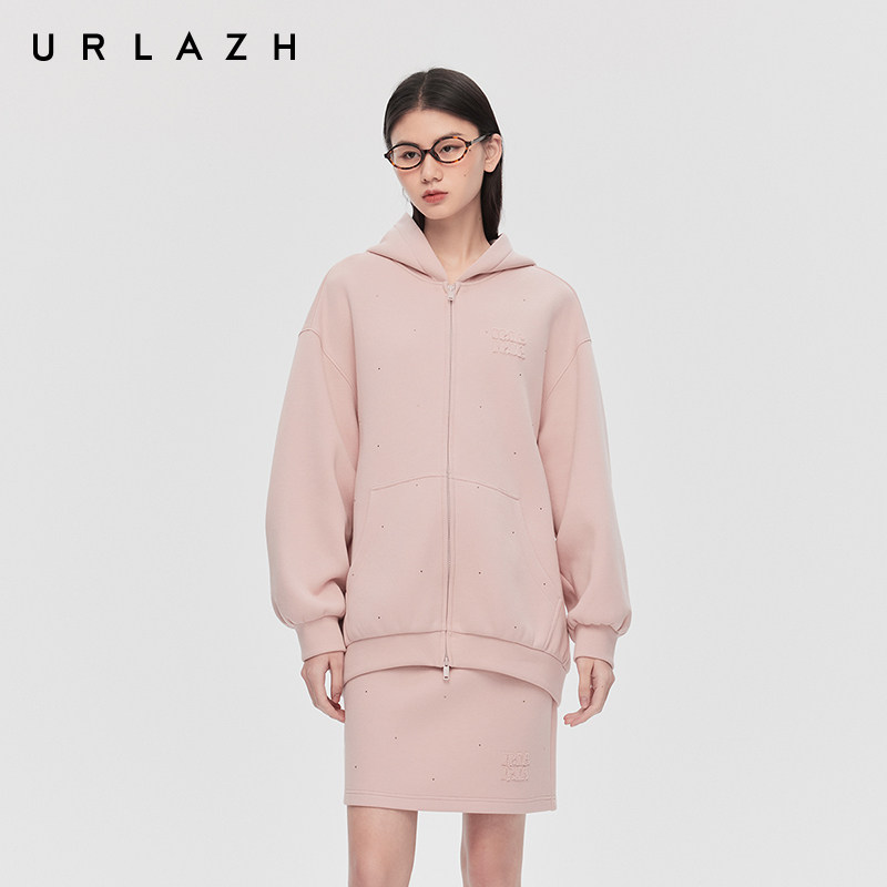 URLAZH有兰春季新款复古学院风粉色减龄感宽松运动连帽卫衣外套女
