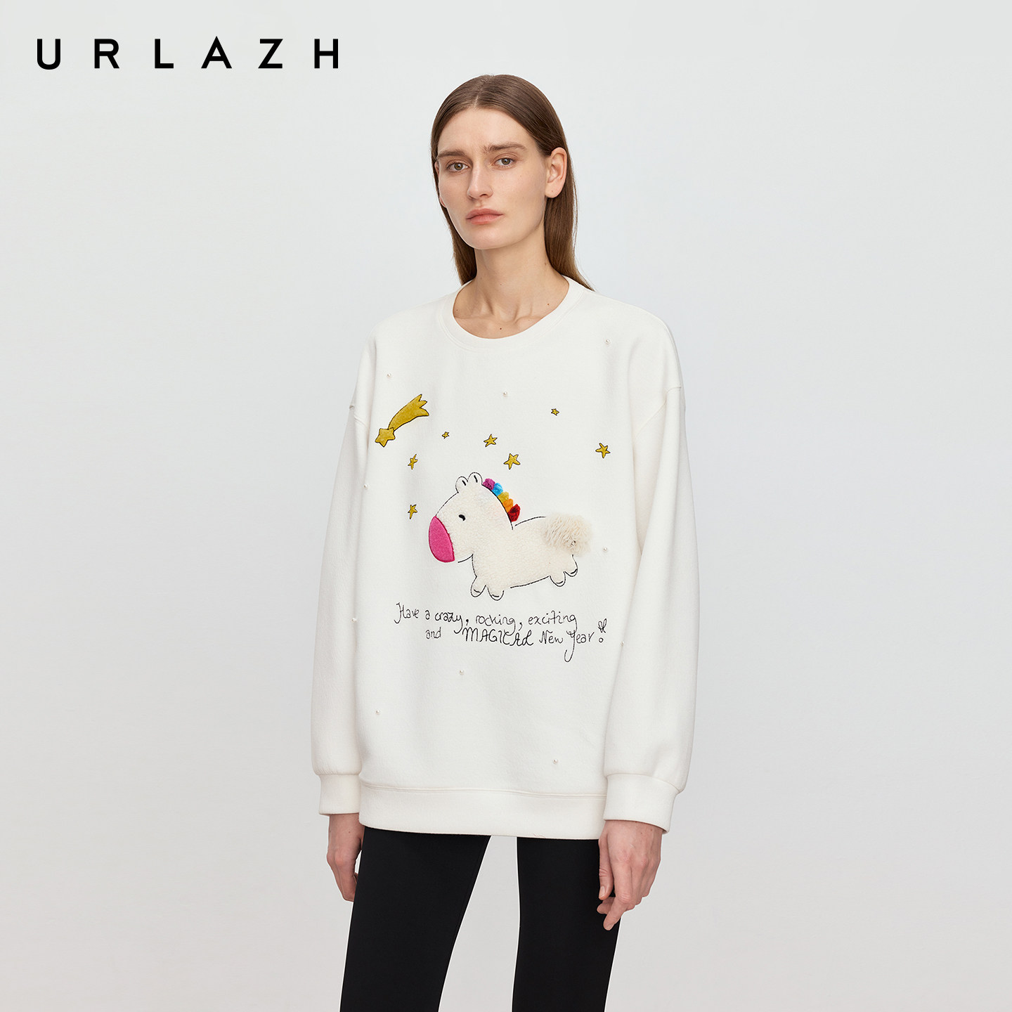 商场同款URLAZH有兰2026春季新款彩虹小白马毛巾绣休闲圆领卫衣女,女装/女士精品,卫衣/绒衫,淘宝优惠券,粉丝福利购,淘宝优惠卷