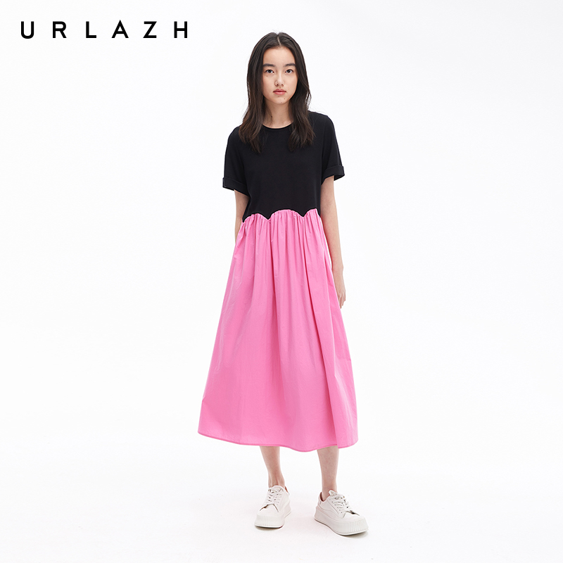URLAZH有兰夏季新款度假风黑粉撞色拼接圆领短袖休闲花瓣连衣裙女