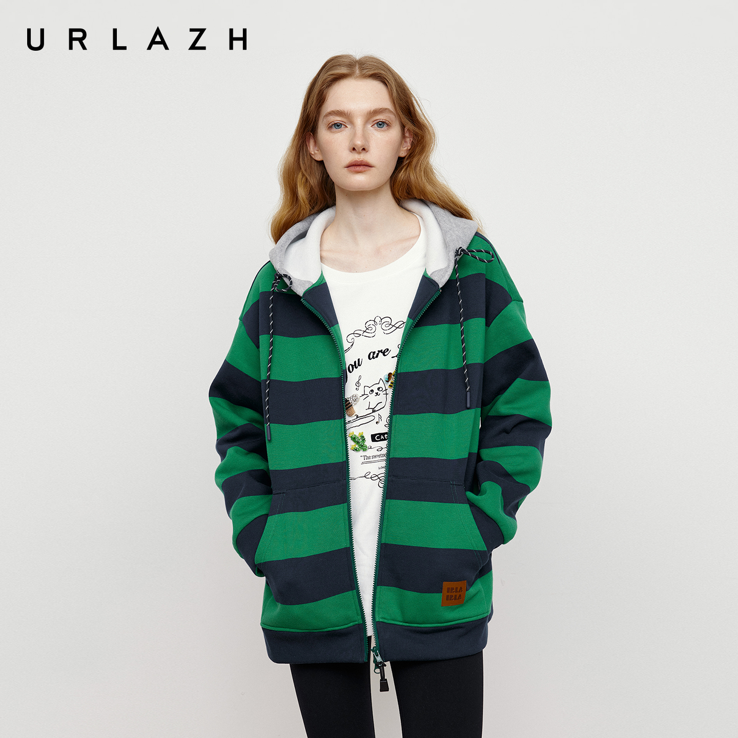 商场同款URLAZH有兰2025秋季新款复古撞色条纹加绒连帽卫衣外套女