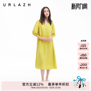 A字度假风连衣裙女 多巴胺柠檬香草黄V领泡泡袖 URLAZH有兰夏季 新款