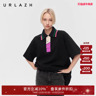 复古双层撞色领口短袖 商场同款 黑色美式 新款 URLAZH有兰2025秋季