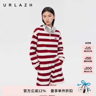 URLAZH有兰春季 复古红白条纹字母绣花半开襟落肩宽松卫衣上衣 新款