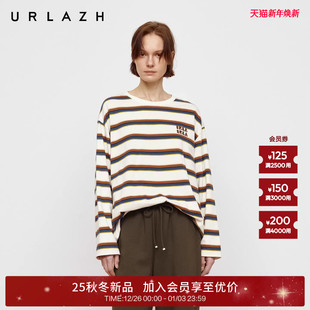 复古条纹纯棉休闲宽松长袖 新款 T恤女 URLAZH有兰2025秋季 商场同款
