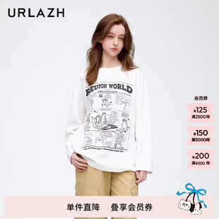 URLAZH有兰新款 圆领T恤女 白色质感趣味印花休闲宽松复古舒适长袖