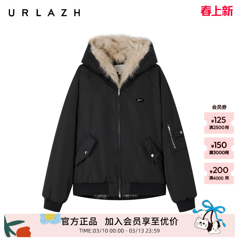 商场同款URLAZH有兰2025冬季新款复古飞行夹克狐狸大毛领棉服外套