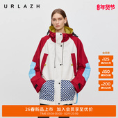 新款 商场同款 URLAZH有兰2026春季 复古红色拼接撞色宽松连帽外套女