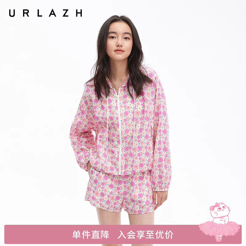 URLAZH有兰夏季新款莫奈花园粉色花朵廓形印花宽松抽绳连帽外套女