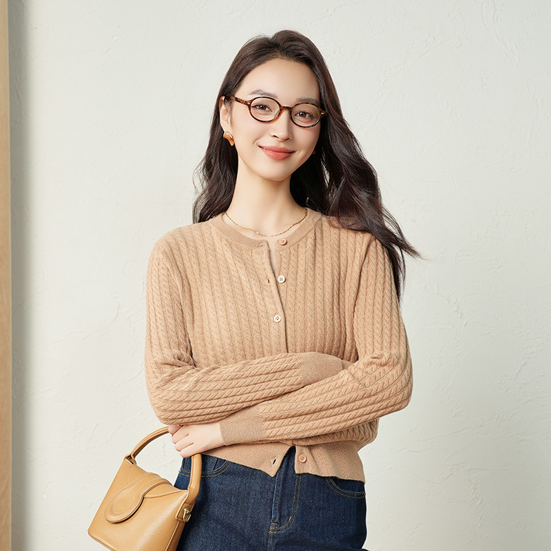 春竹圆领开衫25秋新款100%山羊基础长袖女上衣翻领女开衫针织衫