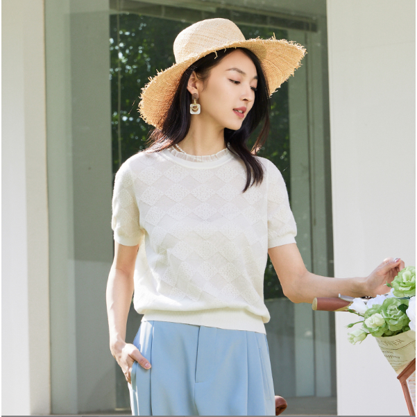 春竹/春夏新款精仿天丝针织衫圆领夏日精致短袖-DSS231E02