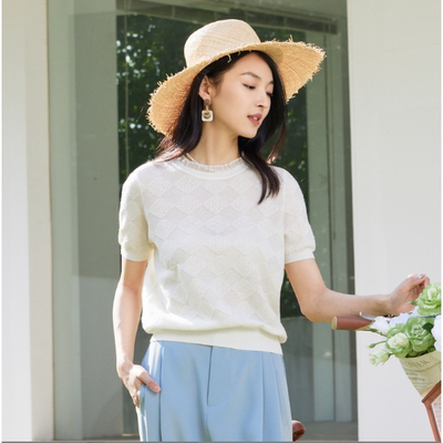 春竹/春夏新款精仿天丝针织衫圆领夏日精致短袖-DSS231E02
