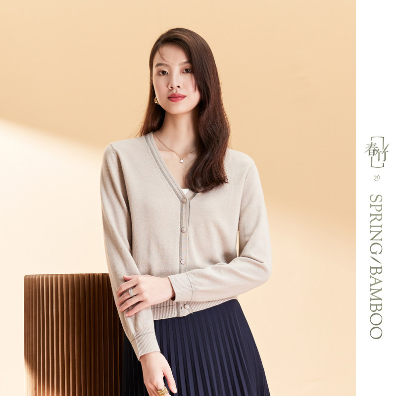 春竹/秋冬新款绵羊毛气质显瘦V领女软糯风上衣毛衣-WSC231063