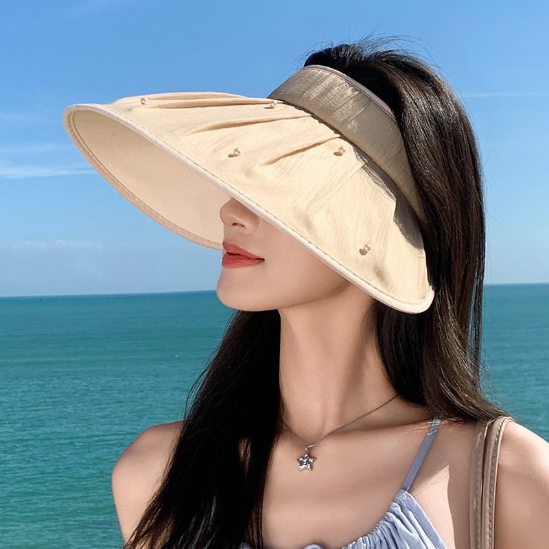 珍珠大檐空顶防晒帽子女夏季可折叠遮阳帽户外出游防紫外线太阳帽