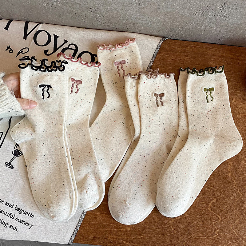 匹克企鹅点子纱花边蝴蝶结袜子女秋冬中筒袜纯棉ins潮可爱勃肯鞋
