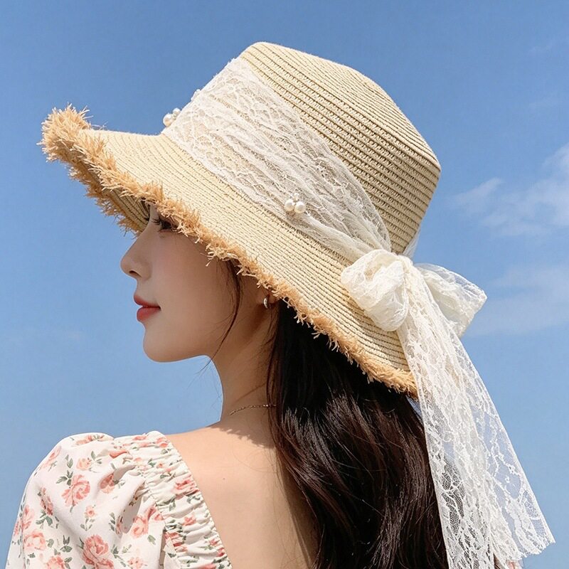跨境珍珠蕾丝毛边草帽大檐女春夏季户外海滩出游遮阳清凉防晒帽