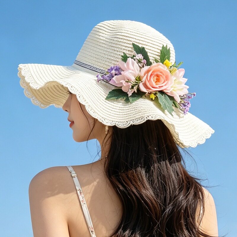 夏天大花朵遮阳帽女 海边沙滩度假防晒帽户外大檐太阳帽甜美草帽